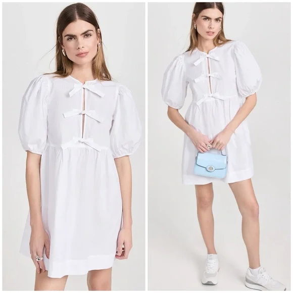 GANNI Cotton Poplin Tie String White Puff Sleeve Mini Dress EU Sz 34 / US sz 2 - Picture 1 of 13